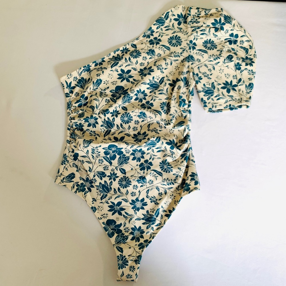 Free People Bodysuit Women S Cream Blue Floral One Shoulder Puff‎ Sleeve Boho - Picture 3 of 12